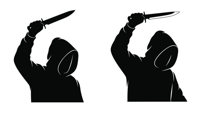 Two hooded figures raising knives in a threatening shadowed silhouette