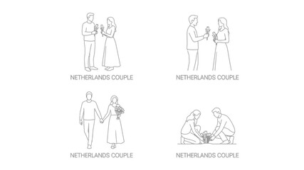 Simple line art illustrations of couples holding flowers repeated design