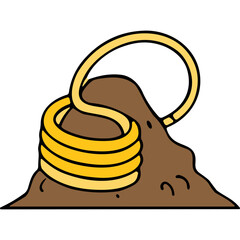 Golden coiled bracelet resting on a pile of brown earth with a yellow loop extending upwards on a black background