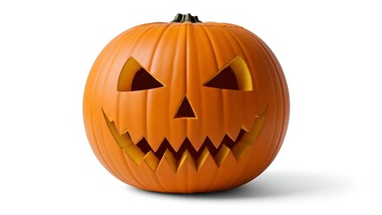 Vivid orange carved pumpkin with triangular eyes, nose, and jagged teeth, on white