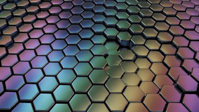 Animated geometric hexagonal pattern reflecting light with a smooth shifting iridescent rainbow sheen creating a hypnotic abstract background texture, tech, vibrant