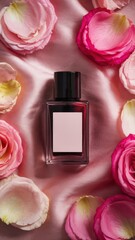 A sleek perfume bottle rests on a satin surface, surrounded by beautiful pink and white rose petals, creating a luxurious and romantic ambiance.