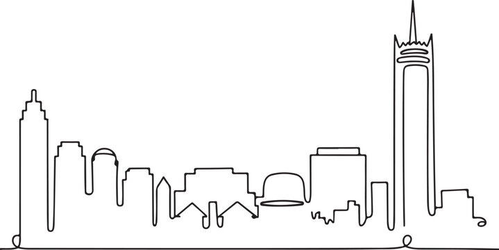 Continuous line illustration of the Boston skyline with the Prudential Tower and historic rooftops in a minimal elegant outline drawing