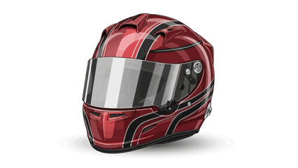 A red racing helmet with black stripes and a reflective visor on a white background