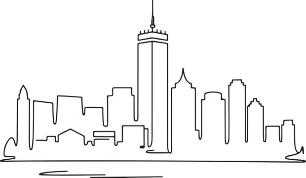 Continuous Line Boston Skyline with Prudential Tower and Balanced Thin Contour Minimal Artistic Illustration
