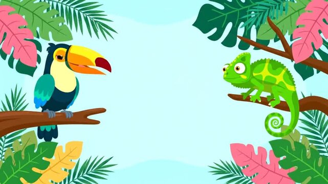 Cute Cartoon Toucan and Chameleon on Branches with Tropical Jungle Leaves Background