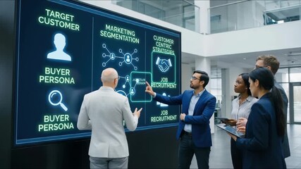 Target customer, buyer persona, marketing segmentation, job recruitment concept. Personalization marketing, customer centric strategies. Showing on smart screen focusing on outstanding person