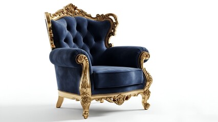 Regal, tufted armchair, deep blue velvet, ornate gold frame, on white background