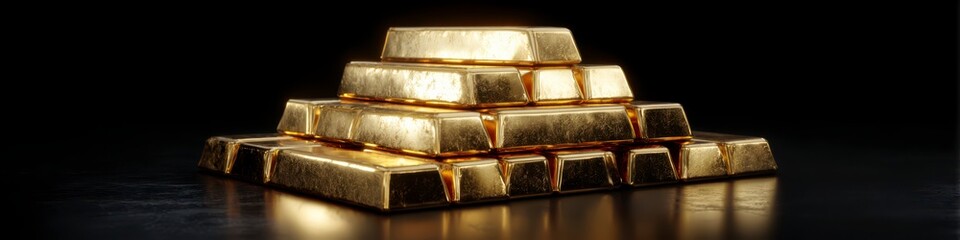 Golden Stacks: A collection of shimmering gold bars are stacked in a pyramid arrangement, embodying financial wealth and prosperity. The scene is illuminated by strategic lighting.