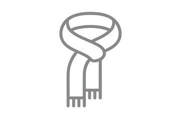Grey line art icon of a tied winter scarf, a warm clothing accessory for cold weather, transparent background