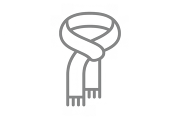 Grey line art icon of a tied winter scarf, a warm clothing accessory for cold weather, transparent background
