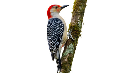 Red bellied woodpecker perched on a mossy tree branch in the forest