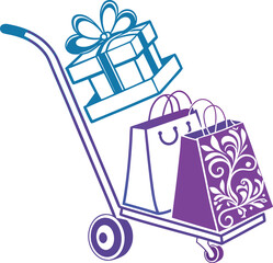 Hand truck with gift boxes and shopping colourful