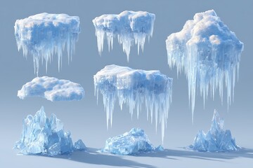 Stylized ice formations and snow piles with gradient shadows, flat vector clip art for seasonal designs