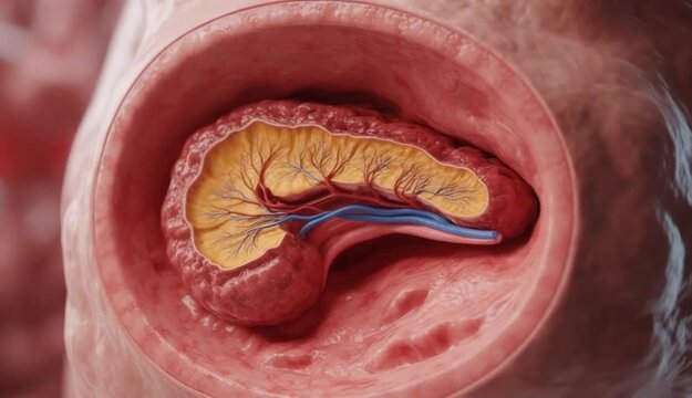 Detailed 3D rendering of the pancreas anatomy showcasing its internal structure and blood vessels
