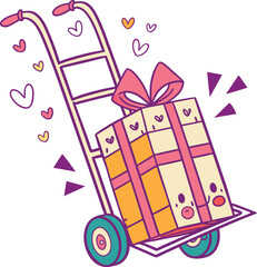 Hand truck with gift boxes and shopping colourful