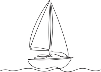 Continuous line art illustration of soft sketch contour forming a sailboat floating on gentle waves
