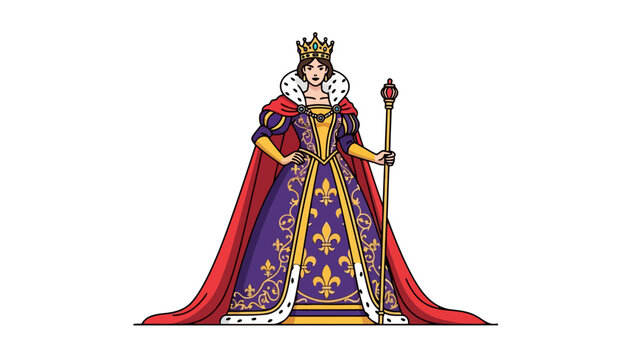Cartoon queen in purple gown red cape crown and holding a scepter