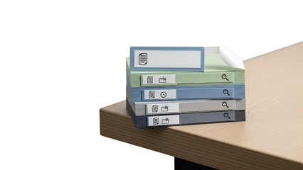 A stack of labeled pastel-colored digital documents on a wooden desk