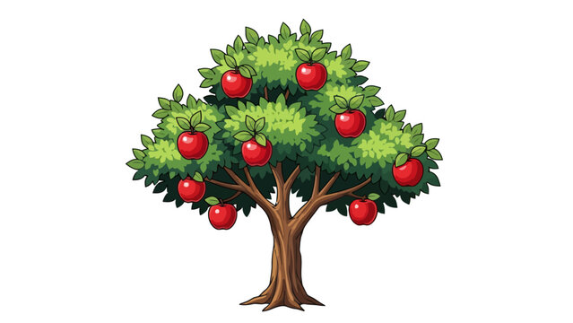 Cartoon apple tree with green foliage and ten bright red apples on a white background