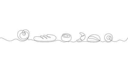Bakery products drawn in one line. Food sketch. Continuous line drawing art. Minimalist art. Vector illustration.
