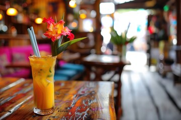 Refresh yourself with a vibrant cocktail adorned with a flower, creating a refreshing and visually appealing moment to enjoy at a restaurant or bar