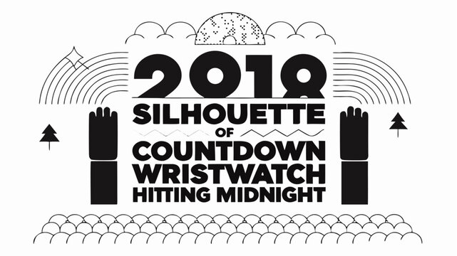 Silhouette of countdown wristwatch hitting midnight with trees and rainbow elements in black and white