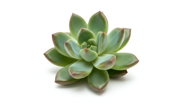 A detailed, isolated succulent plant with light green leaves and reddish edges
