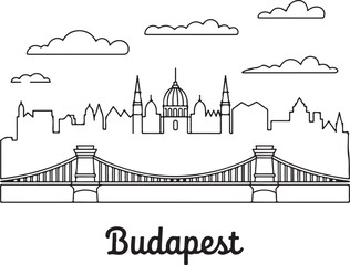 Fototapeta premium Continuous line illustration of the Budapest skyline with the Chain Bridge outline in a minimal elegant drawing
