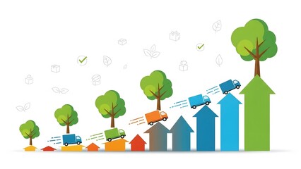 Green logistics delivery trucks moving up growing arrows and trees concept illustration