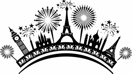 Fototapeta premium Black and white skyline silhouette featuring iconic landmarks and fireworks in a festive arrangement