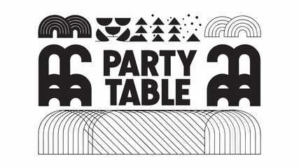 Abstract party table design with geometric shapes and bold typography in black and white style