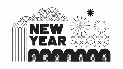 Black and white new year design with geometric shapes and bold lettering celebration festive art