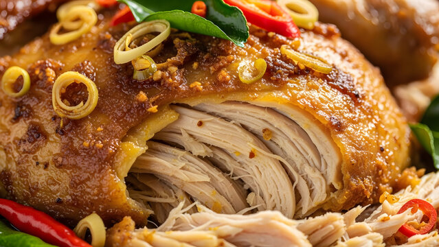 Close-up of a perfectly cooked succulent whole roasted chicken garnished with fresh herbs and spices. - Powered by Adobe