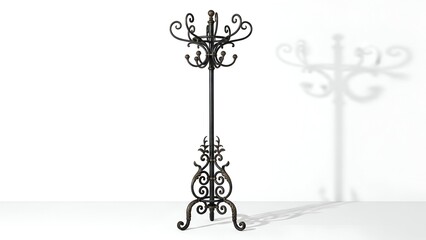 Ornate, tall coat rack with curved hooks & decorative flourishes, shadow visible