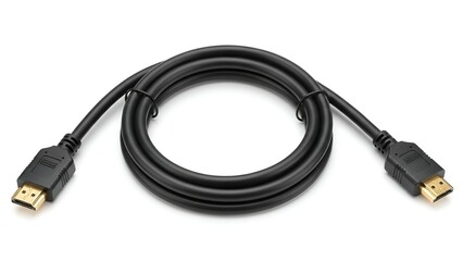 A coiled black cable with connectors at both ends, shot on a white background