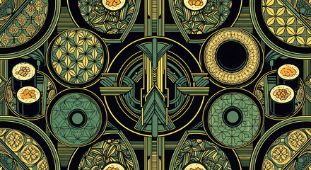Japanese Art Deco of a symmetrical arrangement of sushi plates, featuring geometric art deco patterns, in a palette of jade green, black, and chrome yellow 