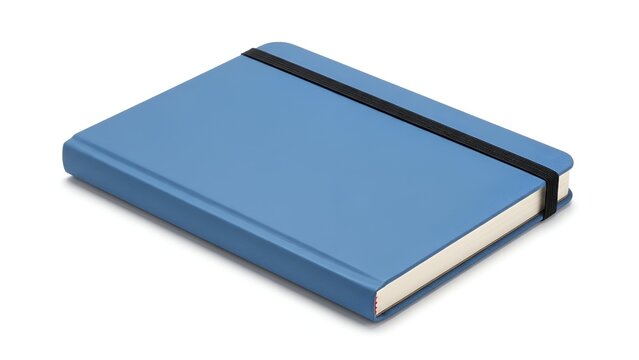 A closed, light blue, rectangular notebook with a black elastic band on a white background