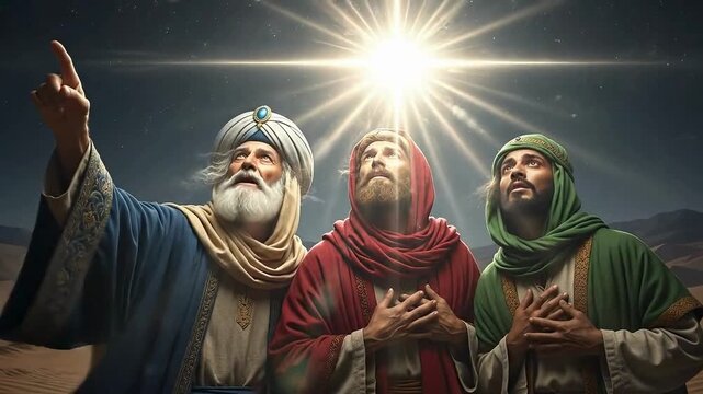 Three wise men following the star seeking guidance in the desert, full of faith and hope for a brighter future, inspiring story