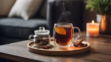 Cozy evening with hot tea and spices by candlelight