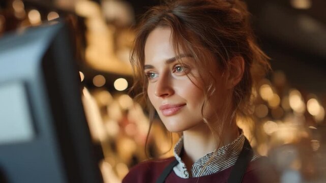 A beautiful female cashier in a luxury store verifies facial payment at the POSS