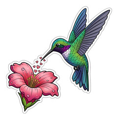 Fototapeta premium Hummingbird and Blossoms: A vibrant illustration showcasing a charming hummingbird delicately poised, its slender beak reaching towards a blossoming flower.