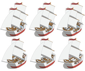 A set of sailing ships. Isometric. Isolated on white background. Vector illustration.
