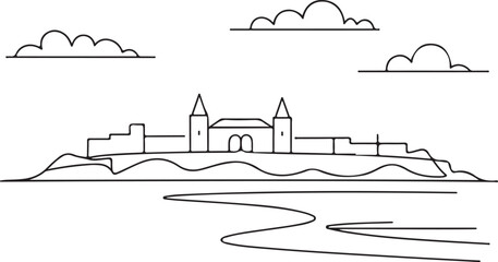Continuous line illustration of the Cape Coast skyline with castle in a minimal elegant outline drawing © rs_studios