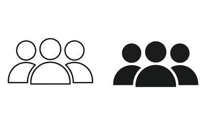 Two sets of stylized human figures, one outlined and one solid black, representing a group of people.