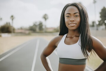 Confident athlete standing on outdoor track in sportswear