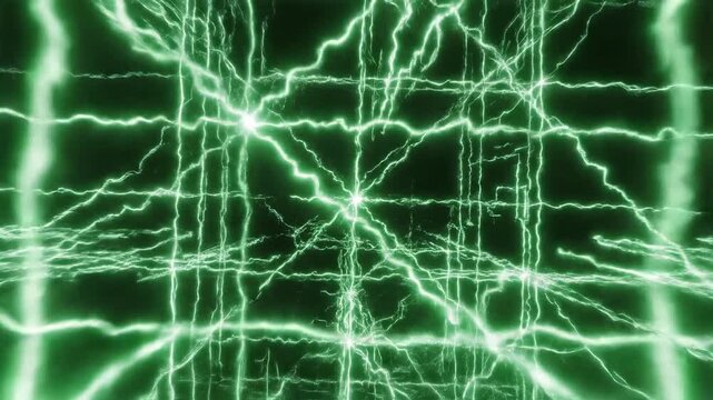 Cinematic abstract visualizer showing intricate networks of neon green electric lines pulsing and vibrating in perfect synchronicity across a deep black void fiber, connection, graphics