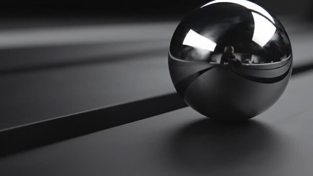 Cinematic close up of a highly polished chrome metallic ball continuously rolling along a perfectly flat matte black track in steady repetition structure, movement, engineering