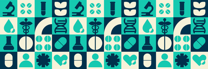 Laboratory day background with medical hospital  mosaic microscope dna and flask science pattern.