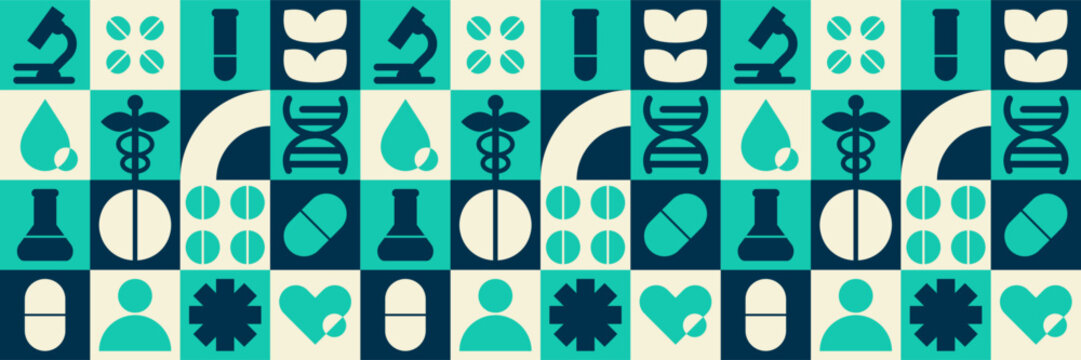 Laboratory day background with medical hospital  mosaic microscope dna and flask science pattern.